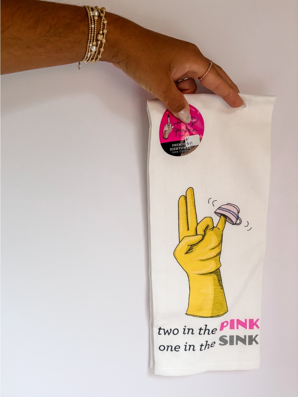 Funny Kitchen Towel with Yellow Glove and Pink Accent